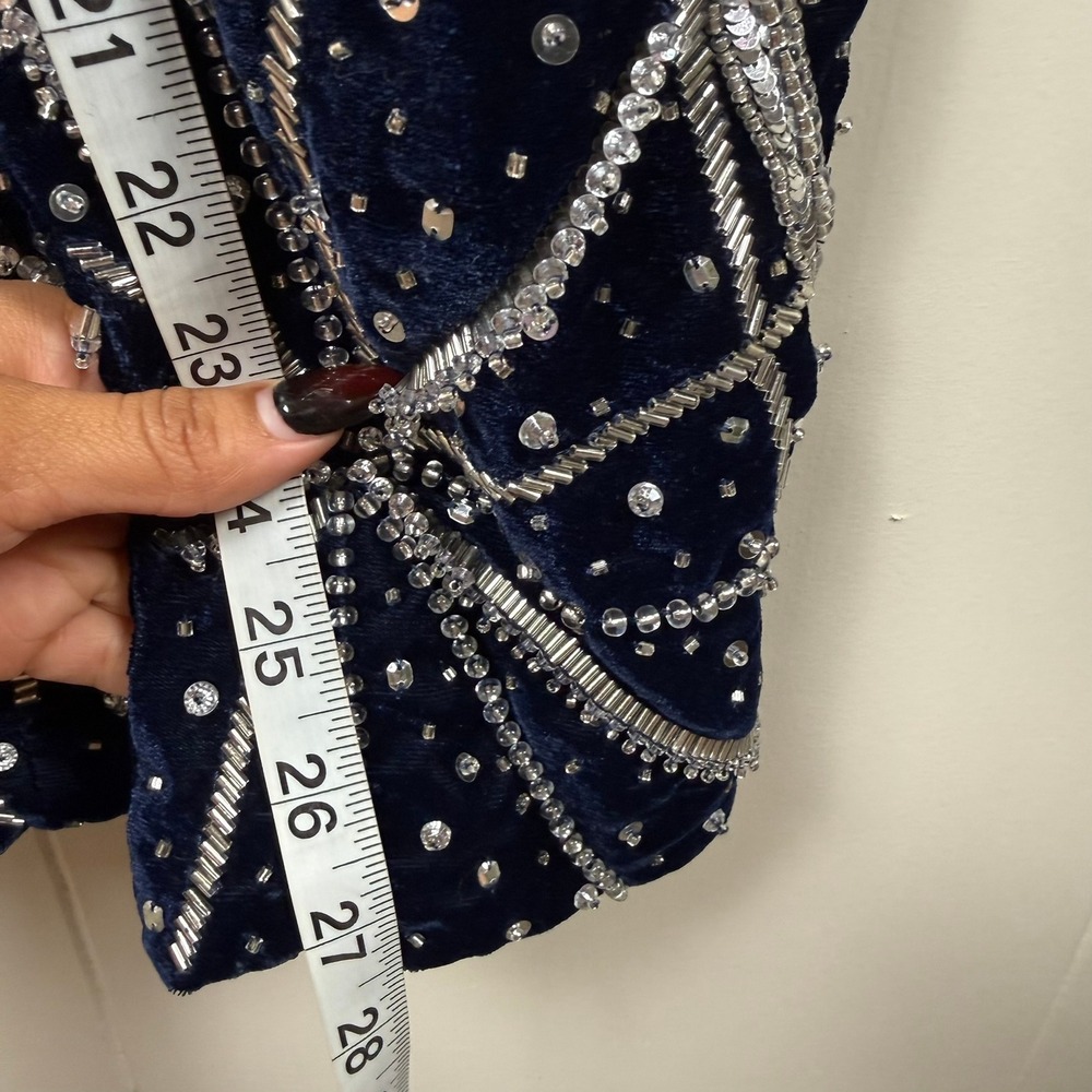 ASOS Navy Blue Velvet Sequin Geometric Print Spaghetti Strap Jumpsuit - Picture 13 of 16